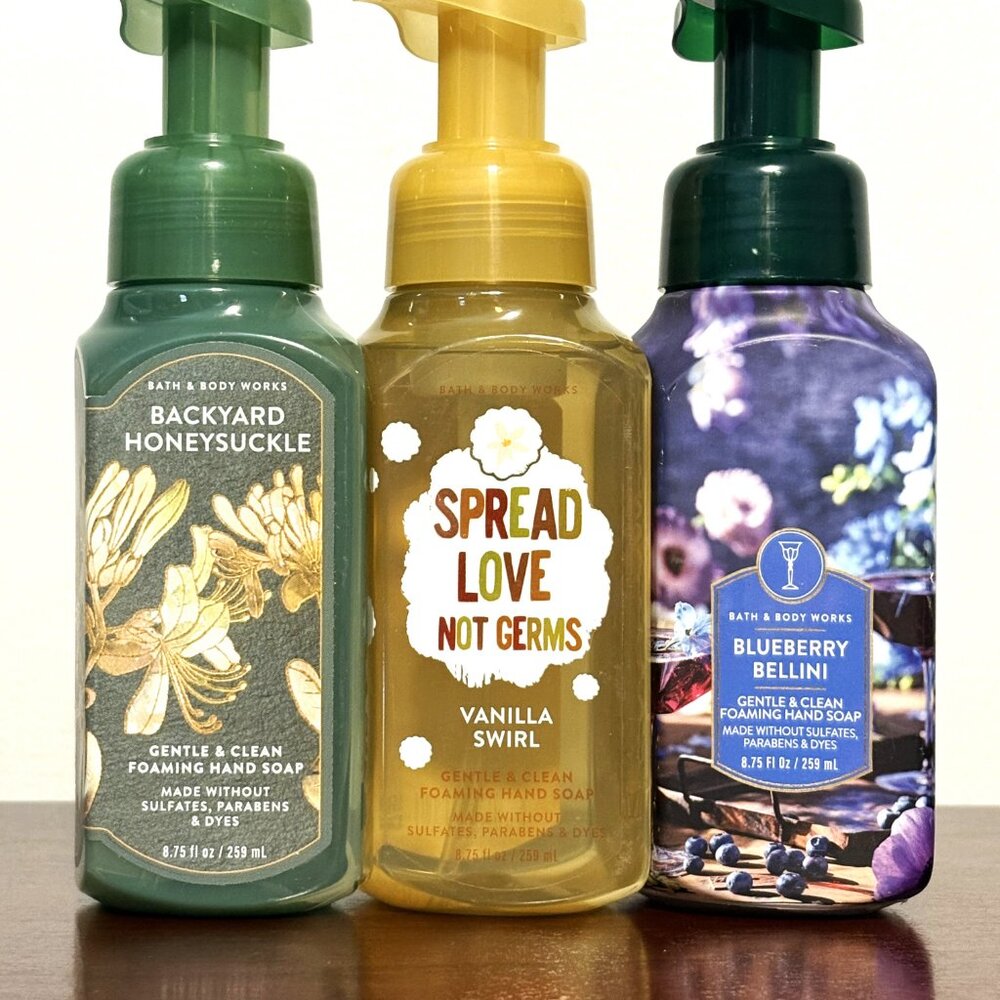 3 NEW! Bath & Body Works foaming Hand Soaps Spread Love, Blueberry Bellini & Hon